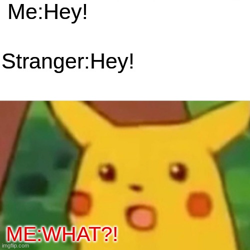 Surprised Pikachu Meme | Me:Hey! Stranger:Hey! ME:WHAT?! | image tagged in memes,surprised pikachu | made w/ Imgflip meme maker