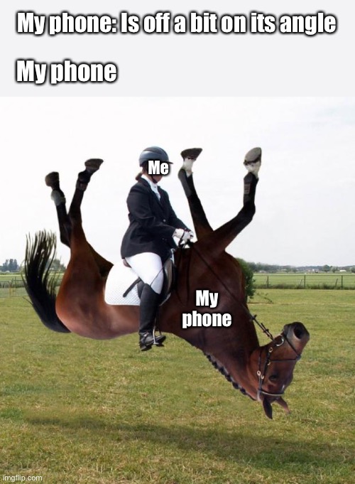Hate it when that happens | My phone: Is off a bit on its angle; My phone; Me; My phone | image tagged in horse upside down | made w/ Imgflip meme maker