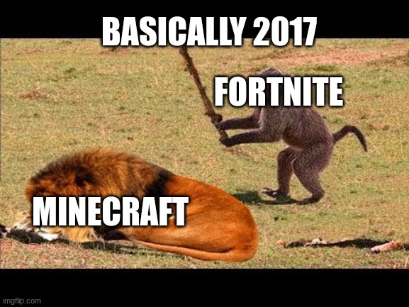 monkey hit lion tree | BASICALLY 2017; FORTNITE; MINECRAFT | image tagged in monkey hit lion tree | made w/ Imgflip meme maker