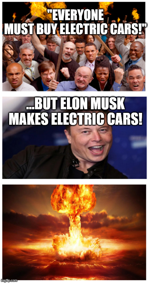 electric cars |  "EVERYONE MUST BUY ELECTRIC CARS!"; ...BUT ELON MUSK MAKES ELECTRIC CARS! | image tagged in mob,electric cars,tesla,elon musk | made w/ Imgflip meme maker