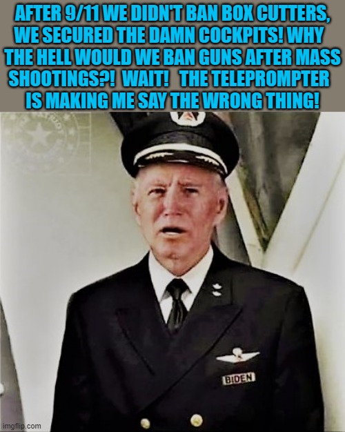 Joe the pilot |  AFTER 9/11 WE DIDN'T BAN BOX CUTTERS,
WE SECURED THE DAMN COCKPITS! WHY  
THE HELL WOULD WE BAN GUNS AFTER MASS
SHOOTINGS?!  WAIT!   THE TELEPROMPTER  
IS MAKING ME SAY THE WRONG THING! | image tagged in political humor,joe biden,gun control,damn,mass shootings,hell | made w/ Imgflip meme maker
