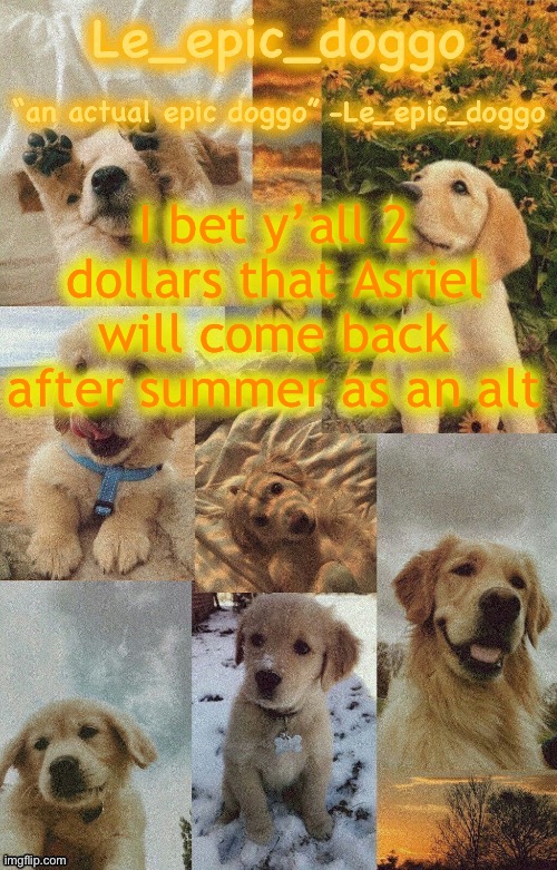 Doggo temp by doggo. Wait what that’s confusing | I bet y’all 2 dollars that Asriel will come back after summer as an alt | image tagged in doggo temp by doggo wait what that s confusing | made w/ Imgflip meme maker