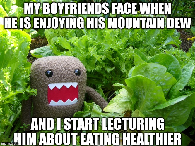 Killer Lettuce | MY BOYFRIENDS FACE WHEN HE IS ENJOYING HIS MOUNTAIN DEW; AND I START LECTURING HIM ABOUT EATING HEALTHIER | image tagged in killer lettuce | made w/ Imgflip meme maker