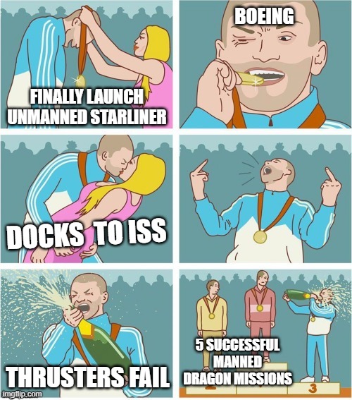 Bronze Medal | BOEING; FINALLY LAUNCH UNMANNED STARLINER; DOCKS  TO ISS; 5 SUCCESSFUL MANNED DRAGON MISSIONS; THRUSTERS FAIL | image tagged in bronze medal | made w/ Imgflip meme maker
