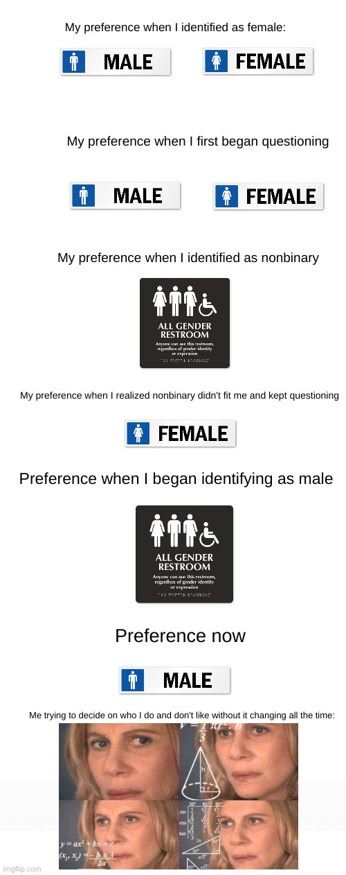 It's so confusing for no reason | My preference when I identified as female:; My preference when I first began questioning; My preference when I identified as nonbinary; My preference when I realized nonbinary didn't fit me and kept questioning; Preference when I began identifying as male; Preference now; Me trying to decide on who I do and don't like without it changing all the time: | image tagged in math lady/confused lady,lgbtq,gender,trans,nonbinary,sexuality | made w/ Imgflip meme maker