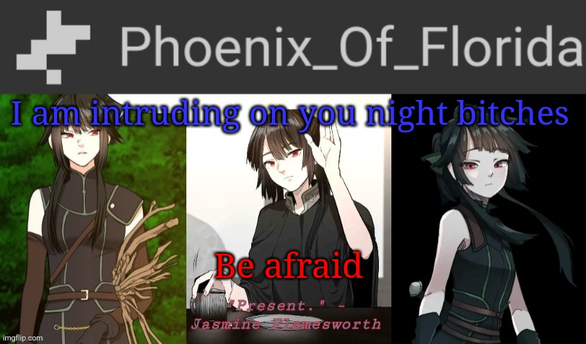 Phoenix's Jasmine Templet | I am intruding on you night bitches; Be afraid | image tagged in phoenix's jasmine templet | made w/ Imgflip meme maker