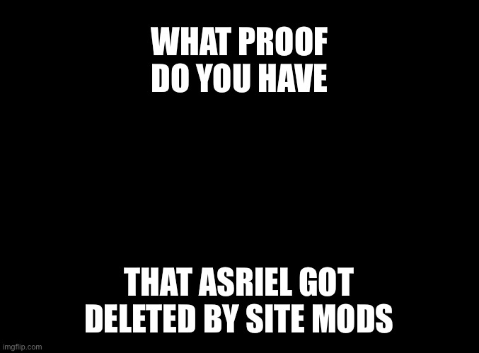 blank black | WHAT PROOF DO YOU HAVE; THAT ASRIEL GOT DELETED BY SITE MODS | image tagged in blank black | made w/ Imgflip meme maker