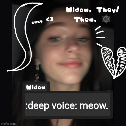 Widow | :deep voice: meow. | image tagged in widow | made w/ Imgflip meme maker