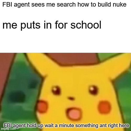 bruh | FBI agent sees me search how to build nuke; me puts in for school; FBI agent hold up wait a minute something ant right here | image tagged in memes,surprised pikachu | made w/ Imgflip meme maker