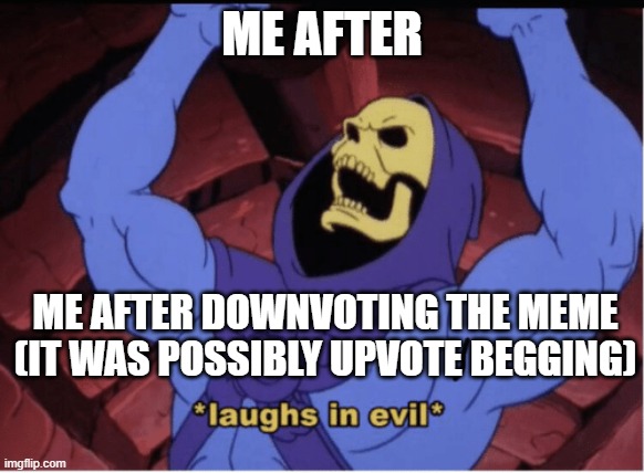 Laughs in evil | ME AFTER ME AFTER DOWNVOTING THE MEME (IT WAS POSSIBLY UPVOTE BEGGING) | image tagged in laughs in evil | made w/ Imgflip meme maker