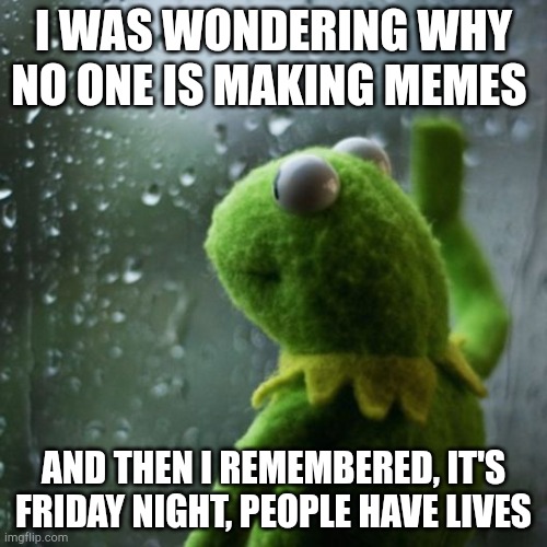 sometimes I wonder  | I WAS WONDERING WHY NO ONE IS MAKING MEMES; AND THEN I REMEMBERED, IT'S FRIDAY NIGHT, PEOPLE HAVE LIVES | image tagged in sometimes i wonder | made w/ Imgflip meme maker