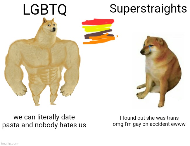 Making low quality pastasexual memes at midnight | LGBTQ; Superstraights; we can literally date pasta and nobody hates us; I found out she was trans omg I'm gay on accident ewww | image tagged in memes,buff doge vs cheems | made w/ Imgflip meme maker
