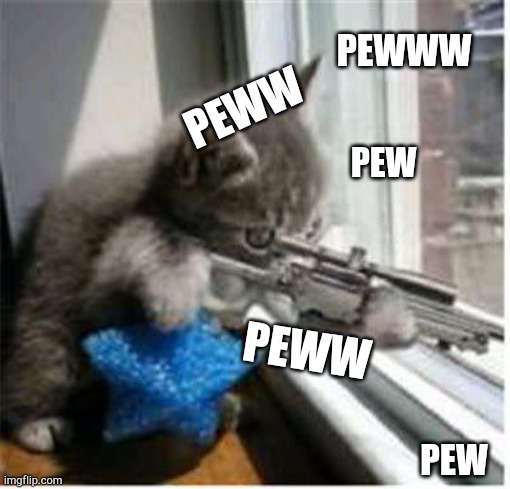 cats with guns | PEWWW; PEWW; PEW; PEWW; PEW | image tagged in cats with guns | made w/ Imgflip meme maker