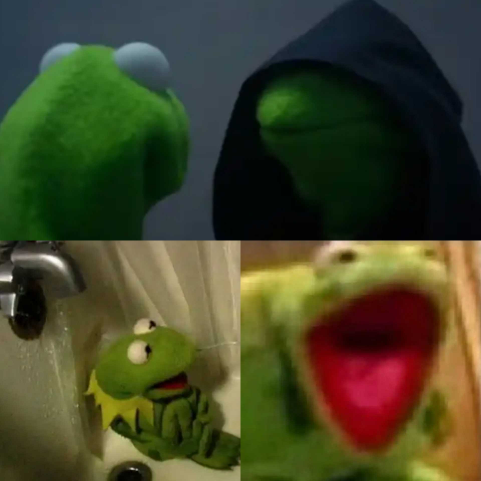Evil Kermit Good Kermit, Good Kermit In Bathroom, Then Screams Blank Meme Template