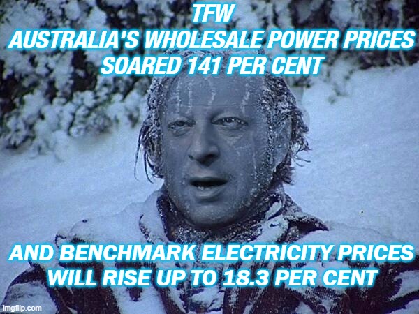 TFW Benchmark electricity prices will rise up to 18.3 per cent | TFW
AUSTRALIA'S WHOLESALE POWER PRICES
SOARED 141 PER CENT; AND BENCHMARK ELECTRICITY PRICES
WILL RISE UP TO 18.3 PER CENT | image tagged in frozen al gore | made w/ Imgflip meme maker
