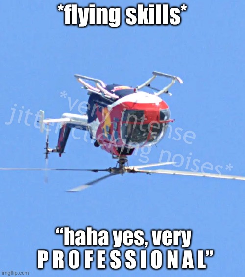 who called helicopter services? | *flying skills*; *very intense jitter clicking noises*; “haha yes, very
 P R O F E S S I O N A L” | image tagged in haha yes very professional flying skills | made w/ Imgflip meme maker