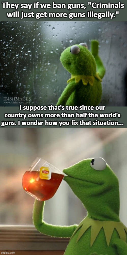 Gun control saved lives. | They say if we ban guns, "Criminals will just get more guns illegally."; I suppose that's true since our country owns more than half the world's guns. I wonder how you fix that situation... | image tagged in kermit window,memes,but that's none of my business,gun control,mass shooting,republican corruption | made w/ Imgflip meme maker