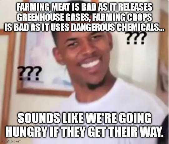 Food shortages are the beginning. | FARMING MEAT IS BAD AS IT RELEASES GREENHOUSE GASES, FARMING CROPS IS BAD AS IT USES DANGEROUS CHEMICALS... SOUNDS LIKE WE'RE GOING HUNGRY IF THEY GET THEIR WAY. | image tagged in nick young | made w/ Imgflip meme maker