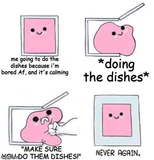 OMG STOP... | me going to do the dishes because i'm bored Af, and it's calming; *doing the dishes*; "MAKE SURE YOU DO THEM DISHES!" | image tagged in never again | made w/ Imgflip meme maker