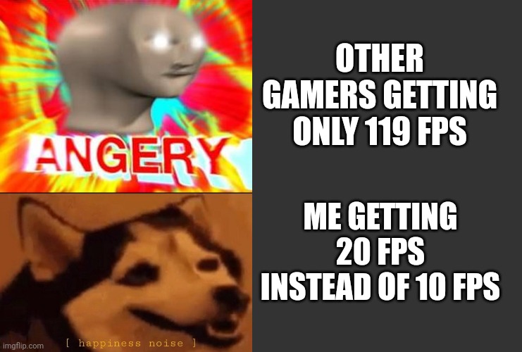 :3 | OTHER GAMERS GETTING ONLY 119 FPS; ME GETTING 20 FPS INSTEAD OF 10 FPS | image tagged in surreal angery,happines noise,meme man,dogs,fps | made w/ Imgflip meme maker