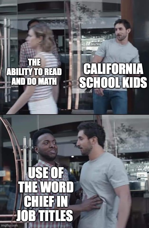 black guy stopping | CALIFORNIA SCHOOL KIDS; THE ABILITY TO READ AND DO MATH; USE OF THE WORD CHIEF IN JOB TITLES | image tagged in black guy stopping | made w/ Imgflip meme maker