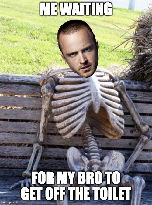 original meme: https://imgflip.com/i/6hmvm6 | ME WAITING; FOR MY BRO TO GET OFF THE TOILET | image tagged in memes,waiting skeleton,making bad memes good with breaking bad | made w/ Imgflip meme maker