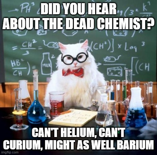 ChemDead | DID YOU HEAR ABOUT THE DEAD CHEMIST? CAN'T HELIUM, CAN'T CURIUM, MIGHT AS WELL BARIUM | image tagged in memes,chemistry cat | made w/ Imgflip meme maker