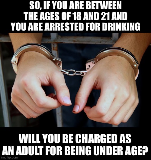 Hmmmm | SO, IF YOU ARE BETWEEN THE AGES OF 18 AND 21 AND YOU ARE ARRESTED FOR DRINKING; WILL YOU BE CHARGED AS AN ADULT FOR BEING UNDER AGE? | image tagged in arrested | made w/ Imgflip meme maker