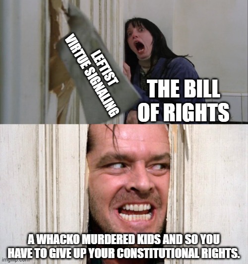 This is what the political Left . . . DOES. | LEFTIST VIRTUE SIGNALING; THE BILL OF RIGHTS; A WHACKO MURDERED KIDS AND SO YOU HAVE TO GIVE UP YOUR CONSTITUTIONAL RIGHTS. | image tagged in jack torrance axe shining | made w/ Imgflip meme maker