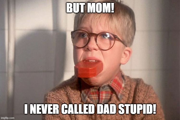 christmas story ralphie bar soap in mouth | BUT MOM! I NEVER CALLED DAD STUPID! | image tagged in christmas story ralphie bar soap in mouth | made w/ Imgflip meme maker