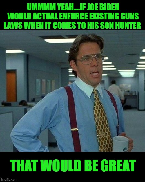 yep | UMMMM YEAH....IF JOE BIDEN WOULD ACTUAL ENFORCE EXISTING GUNS LAWS WHEN IT COMES TO HIS SON HUNTER; THAT WOULD BE GREAT | image tagged in memes,that would be great | made w/ Imgflip meme maker