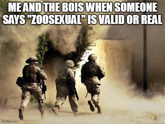 i hate zoophiles | ME AND THE BOIS WHEN SOMEONE SAYS "ZOOSEXUAL" IS VALID OR REAL | image tagged in marines run towards the sound of chaos that's nice the army ta | made w/ Imgflip meme maker