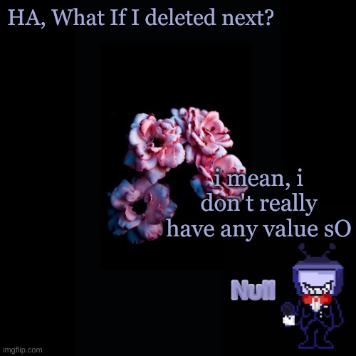 . | HA, What If I deleted next? i mean, i don't really have any value sO | made w/ Imgflip meme maker