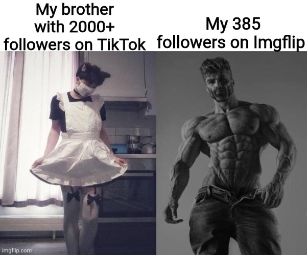 Strongest Fan VS Weakest Fan | My brother with 2000+ followers on TikTok; My 385 followers on Imgflip | image tagged in strongest fan vs weakest fan | made w/ Imgflip meme maker