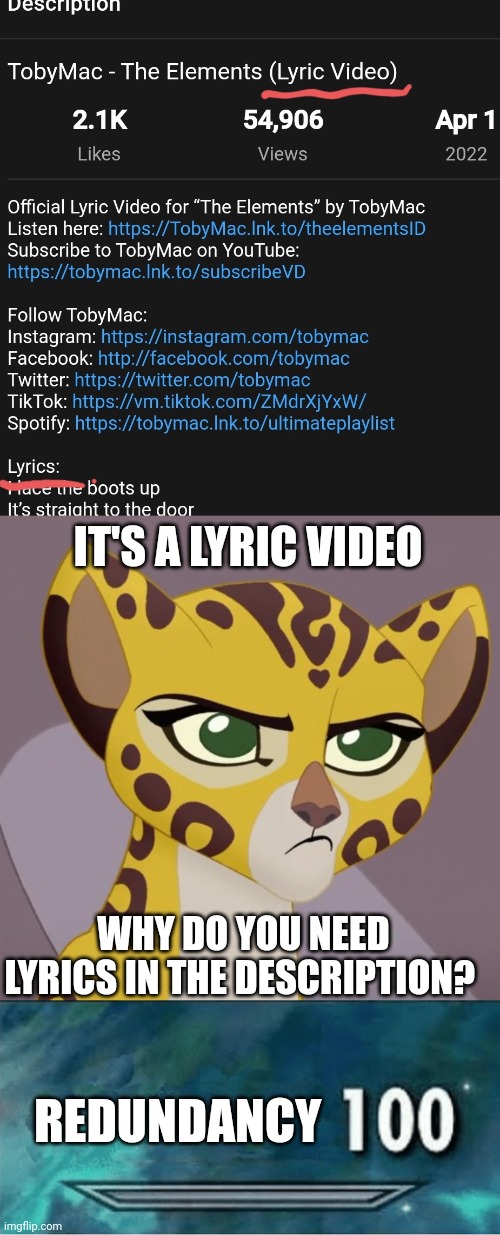 But why? Why would TobyMac do that? | IT'S A LYRIC VIDEO; WHY DO YOU NEED LYRICS IN THE DESCRIPTION? REDUNDANCY | image tagged in annoyed fuli,skyrim 100 blank | made w/ Imgflip meme maker