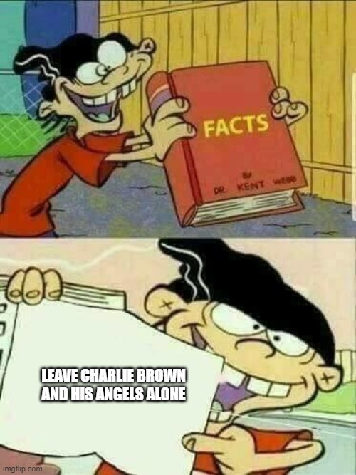 Double d facts book  | LEAVE CHARLIE BROWN AND HIS ANGELS ALONE | image tagged in double d facts book | made w/ Imgflip meme maker
