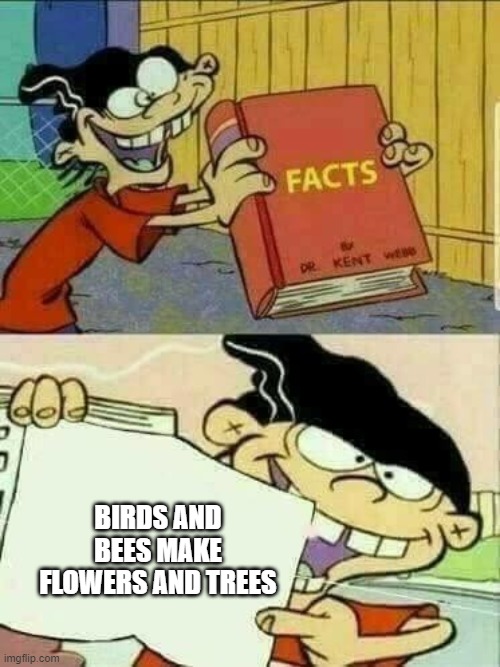 Double d facts book  | BIRDS AND BEES MAKE FLOWERS AND TREES | image tagged in double d facts book | made w/ Imgflip meme maker