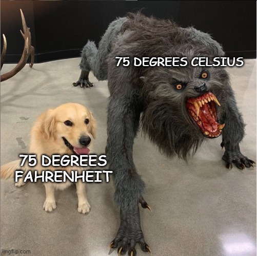 Good luck surviving the celsius one | 75 DEGREES CELSIUS; 75 DEGREES FAHRENHEIT | image tagged in dog vs werewolf,memes,temperature | made w/ Imgflip meme maker