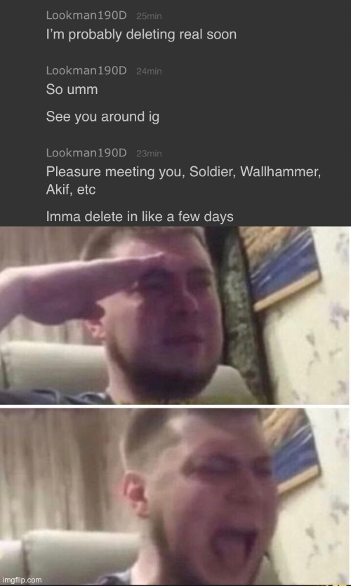 image tagged in crying salute | made w/ Imgflip meme maker