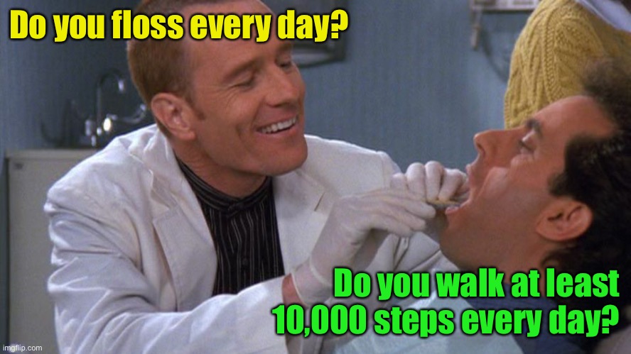 Touché | Do you floss every day? Do you walk at least 10,000 steps every day? | image tagged in dentist | made w/ Imgflip meme maker