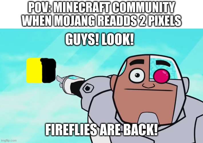 fireflies | POV: MINECRAFT COMMUNITY WHEN MOJANG READDS 2 PIXELS; GUYS! LOOK! FIREFLIES ARE BACK! | image tagged in guys look a birdie | made w/ Imgflip meme maker