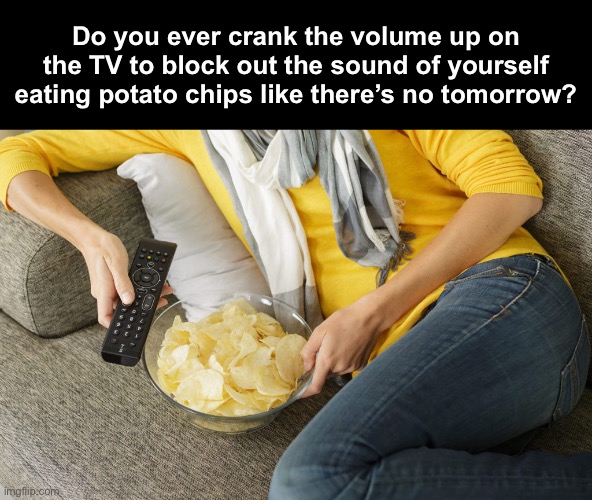 If not, me either. | Do you ever crank the volume up on the TV to block out the sound of yourself eating potato chips like there’s no tomorrow? | image tagged in funny memes,snacks,netflix and chill | made w/ Imgflip meme maker