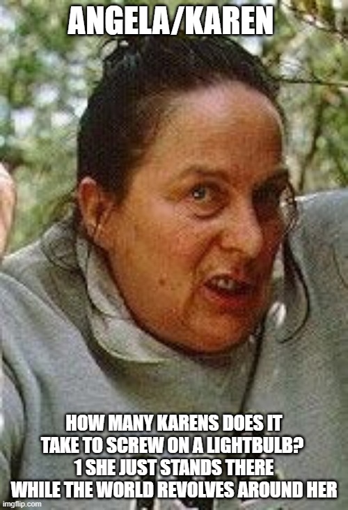 Karen | ANGELA/KAREN; HOW MANY KARENS DOES IT TAKE TO SCREW ON A LIGHTBULB? 
1 SHE JUST STANDS THERE WHILE THE WORLD REVOLVES AROUND HER | image tagged in the karen we all have | made w/ Imgflip meme maker