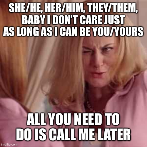 My gf came up with this pickup line… | SHE/HE, HER/HIM, THEY/THEM, BABY I DON’T CARE JUST AS LONG AS I CAN BE YOU/YOURS; ALL YOU NEED TO DO IS CALL ME LATER | image tagged in mean girls- cool mom,subtle pickup liner | made w/ Imgflip meme maker