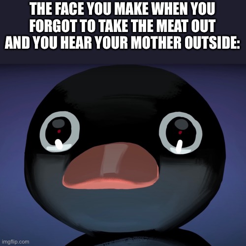 Oh no | THE FACE YOU MAKE WHEN YOU FORGOT TO TAKE THE MEAT OUT AND YOU HEAR YOUR MOTHER OUTSIDE: | image tagged in pingu stare,mom,bruh moment,meat,grounded | made w/ Imgflip meme maker