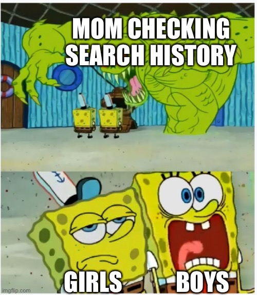 SpongeBob SquarePants scared but also not scared | MOM CHECKING SEARCH HISTORY; BOYS; GIRLS | image tagged in spongebob squarepants scared but also not scared | made w/ Imgflip meme maker