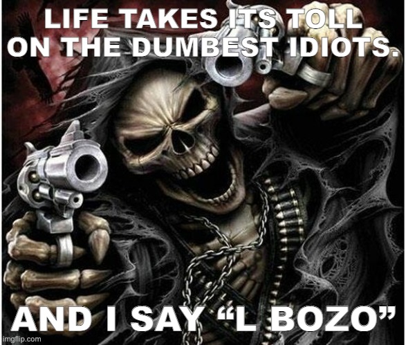 Badass Skeleton | LIFE TAKES ITS TOLL ON THE DUMBEST IDIOTS. AND I SAY “L BOZO” | image tagged in badass skeleton | made w/ Imgflip meme maker