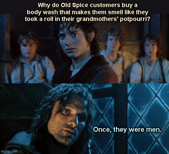 Really old Old Spice | Why do Old Spice customers buy a body wash that makes them smell like they took a roll in their grandmothers' potpourri? Once, they were men. | image tagged in lotr they were once men,old spice,sissy,aragorn,hobbits,humor | made w/ Imgflip meme maker