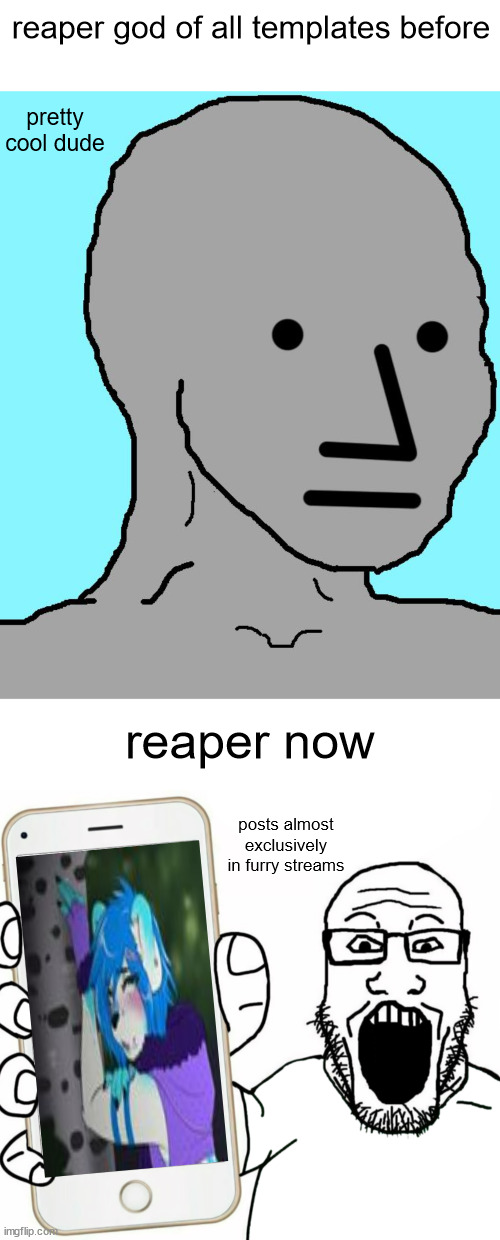 not to mention that he posts femboy shit 24/7 | reaper god of all templates before; pretty cool dude; reaper now; posts almost exclusively in furry streams | image tagged in slandering msmg users | made w/ Imgflip meme maker
