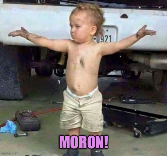 mechanic kid | MORON! | image tagged in mechanic kid | made w/ Imgflip meme maker